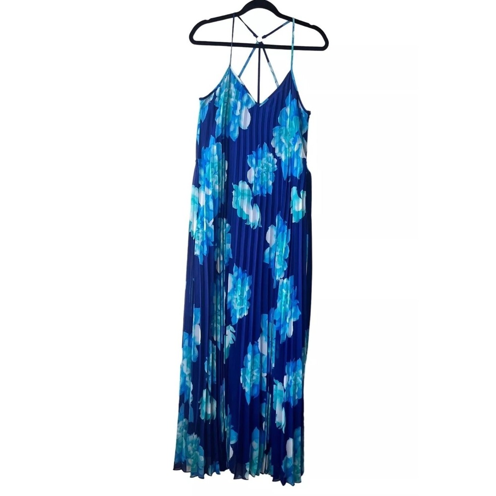 Bisou Bisou Maxi Dress Womens 8‎ Blue Floral Pleated Strappy Belted Size 8